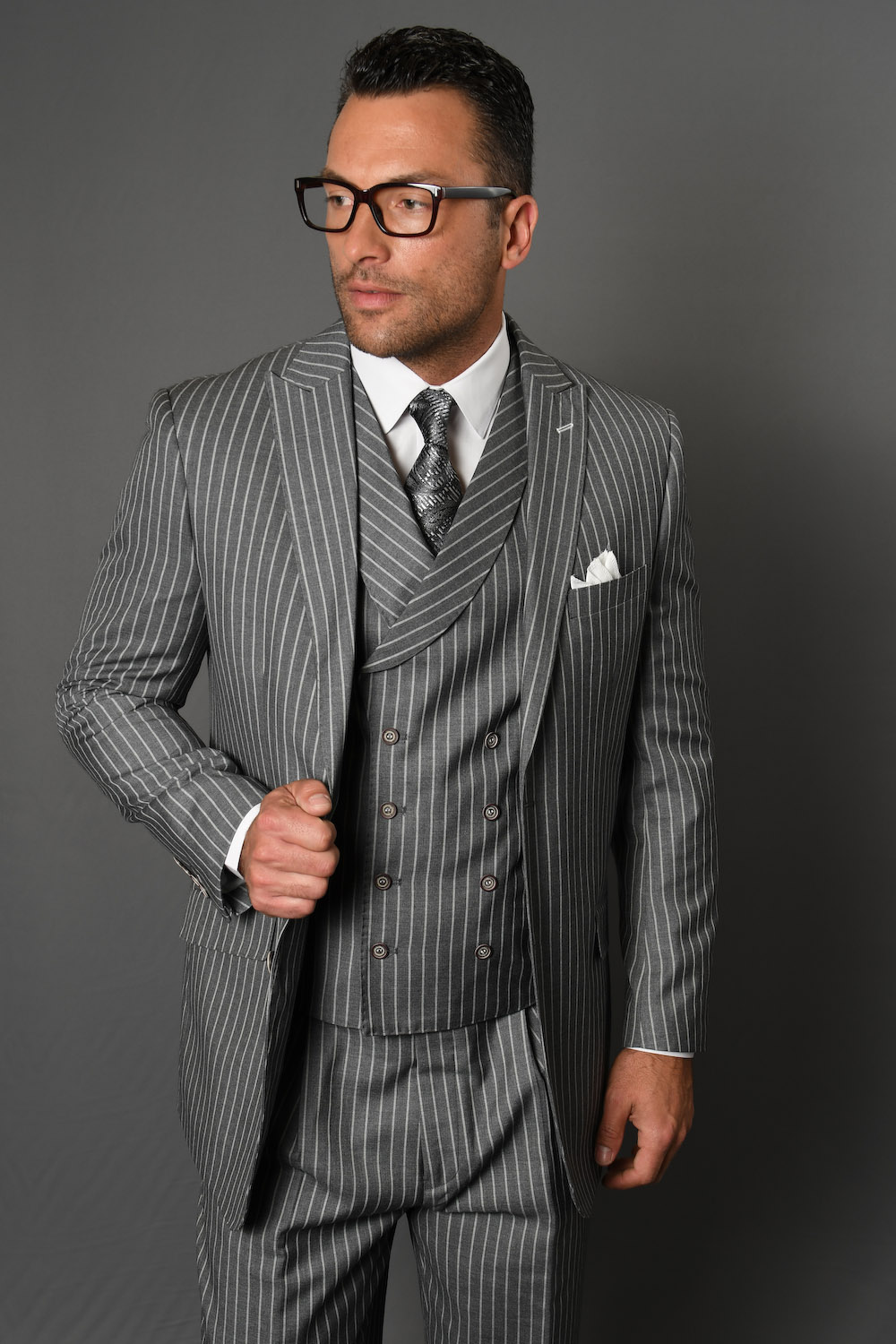 Zarelli Grey 3pc 2 Button Pinstripe Double Breasted Vest Pleated Pants Super 150s Wool Suit 